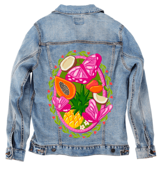 TROPICAL PARADISE BUTTERFLY by IndySign,printed by DenimINK on hand-crafted Denim Jackets and other denim products and other denim products: tote bags, throw pillows, table place mats, aprons