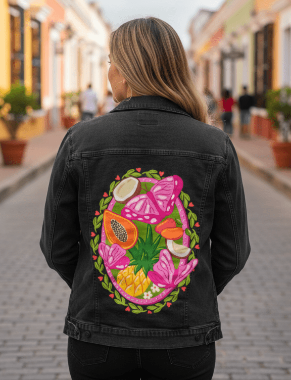 TROPICAL PARADISE BUTTERFLY by IndySign,printed by DenimINK on hand-crafted Denim Jackets and other denim products and other denim products: tote bags, throw pillows, table place mats, aprons