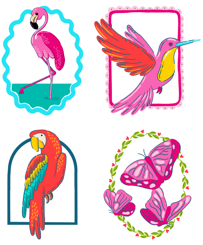 illustration of Four colorful tropical motifs arranged in a grid on a black background. the top left shows a pink flamingo standing in teal water within a scalloped turquoise frame. The top right shows a pink bird with orange wings flying inside a rounded rectangular pink frame. The bottom left shows a red, teal, and yellow parrot perched inside an arched frame. The bottom right shows three pink butterflies inside a green leafy wreath with small red accents. This artwork is titled “Tropical Paradise” and cr