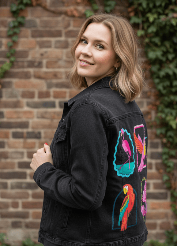 TROPICAL PARADISE by IndySign, printed on denim jackets and other denim products: tote bags, throw pillows, table place mats, aprons