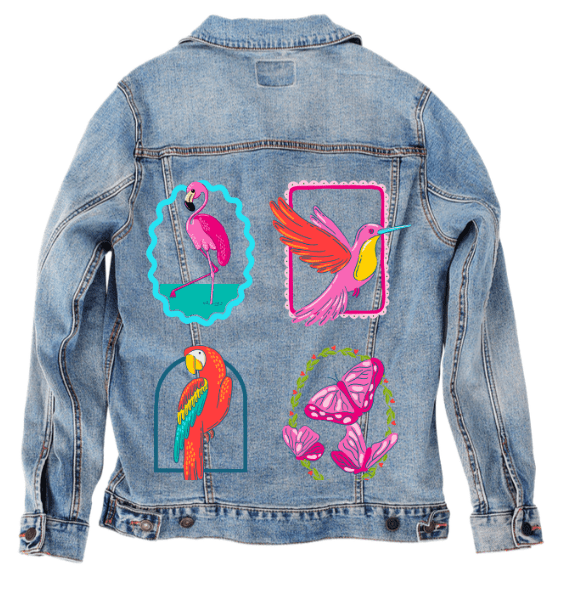 TROPICAL PARADISE by IndySign, printed on denim jackets and other denim products: tote bags, throw pillows, table place mats, aprons
