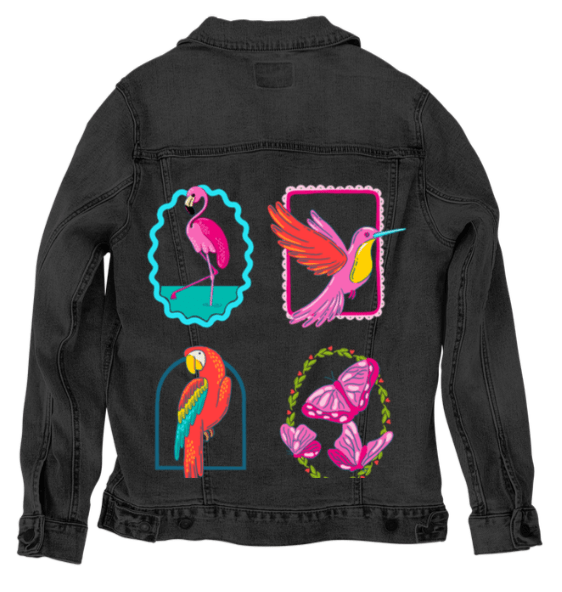 TROPICAL PARADISE by IndySign, printed on denim jackets and other denim products: tote bags, throw pillows, table place mats, aprons