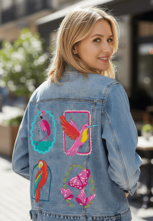 TROPICAL PARADISE by IndySign, printed on denim jackets and other denim products: tote bags, throw pillows, table place mats, aprons