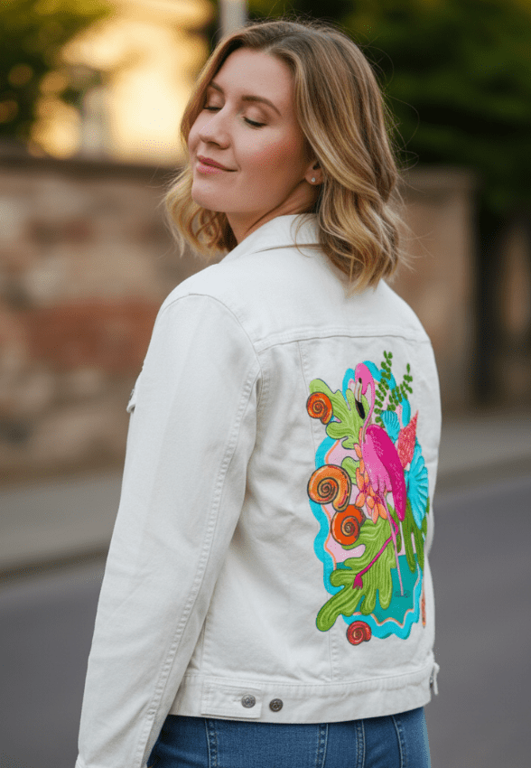 TROPICAL PARADISE FLAMINGO by IndySign, printed on denim jackets and other denim products: tote bags, throw pillows, table place mats, aprons