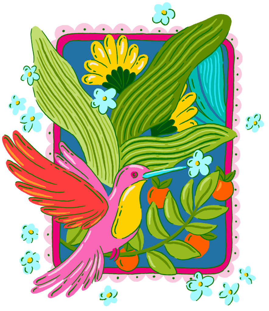 illustration of A bright pink hummingbird with a yellow chest and teal beak flying in front of a decorative blue panel framed by a scalloped pink border. The hummingbird has red-orange wings and long tail feathers, surrounded by green leaves, small orange fruits, yellow flowers, and tiny light blue blossoms scattered around on a black background. This artwork is titled “Tropical Paradise Hummingbird” and created by INDYSIGN