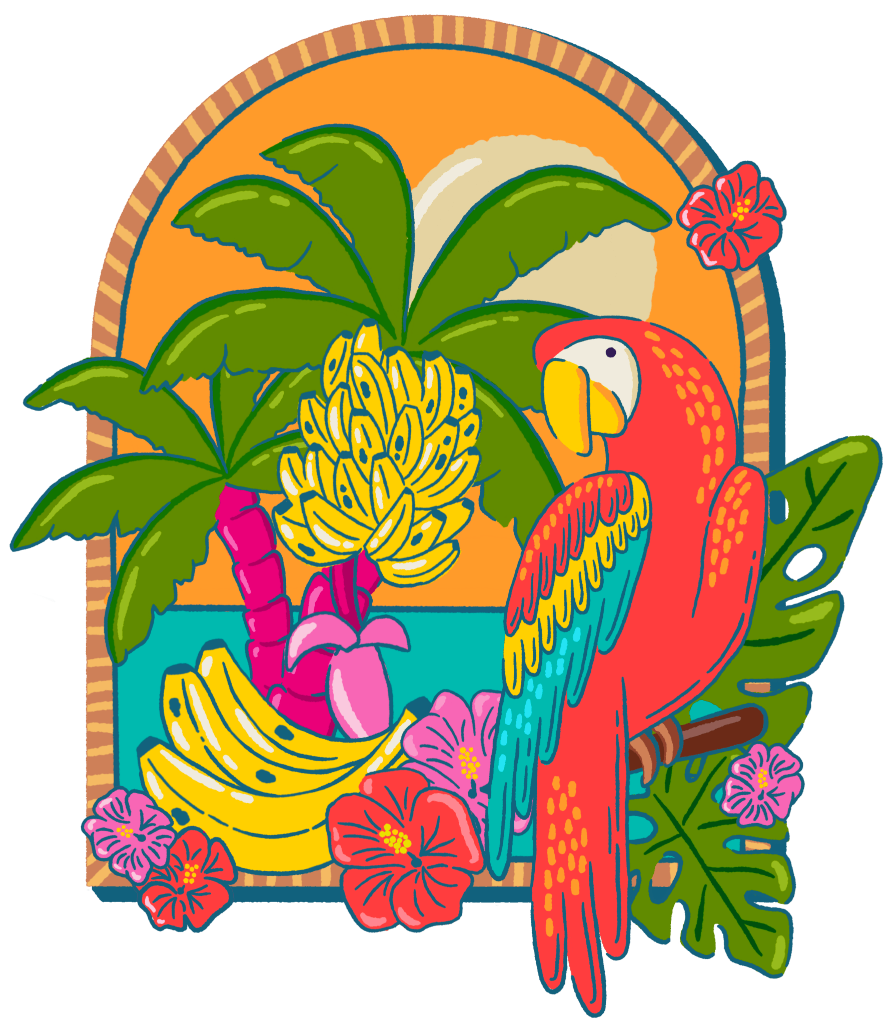 illustration of A colorful tropical scene featuring a red parrot perched on a branch in front of an arched sunset backdrop. the parrot has a yellow beak, teal and yellow wing feathers, and long red tail feathers. Behind it are green palm leaves, a banana tree with yellow banana clusters, teal water, and an orange sky with a pale sun. pink tropical flowers surround the base of the scene. This artwork is titled “Tropical Paradise Parrot” and created by INDYSIGN