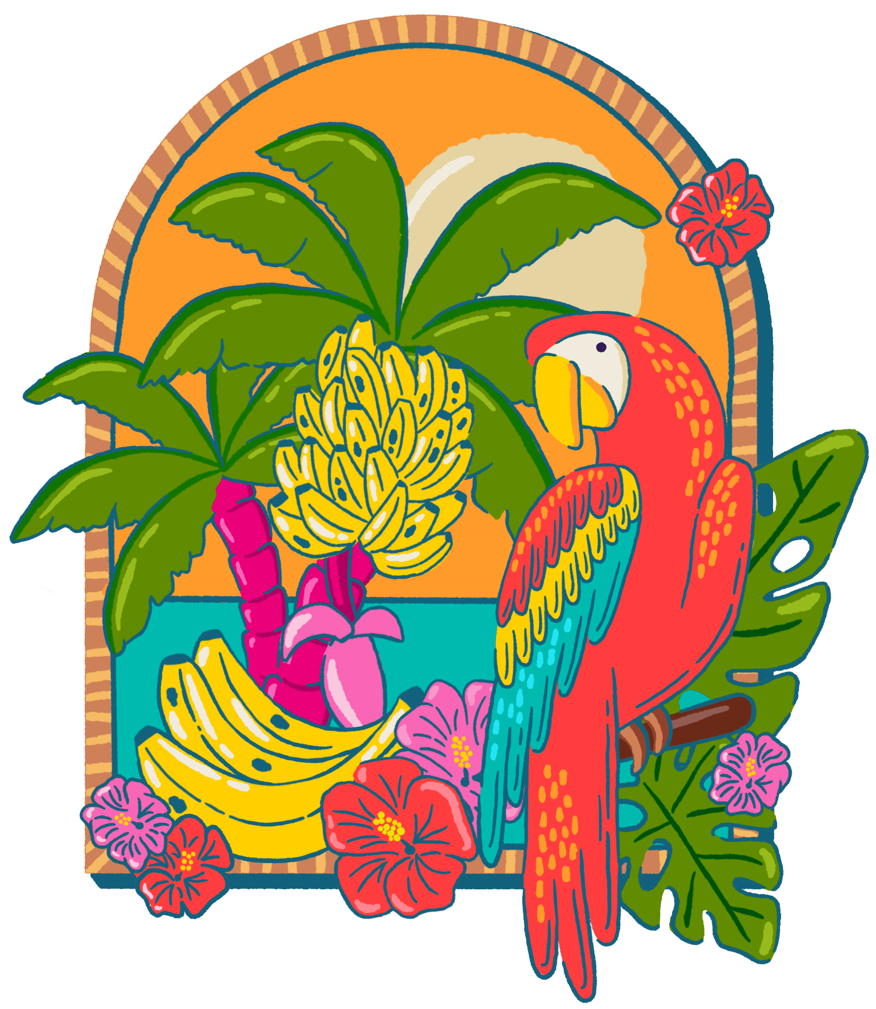 TROPICAL PARADISE PARROT by IndySign, printed on denim jackets and other denim products: tote bags, throw pillows, table place mats, aprons