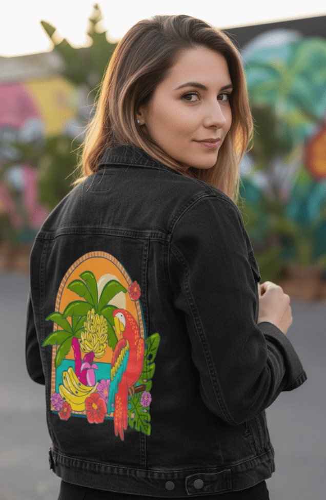 TROPICAL PARADISE PARROT by IndySign, printed on denim jackets and other denim products: tote bags, throw pillows, table place mats, aprons