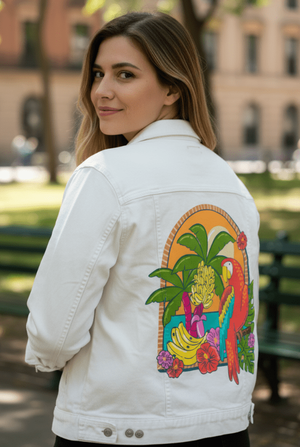 TROPICAL PARADISE PARROT by IndySign, printed on denim jackets and other denim products: tote bags, throw pillows, table place mats, aprons