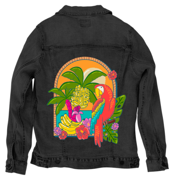 TROPICAL PARADISE PARROT by IndySign, printed on denim jackets and other denim products: tote bags, throw pillows, table place mats, aprons