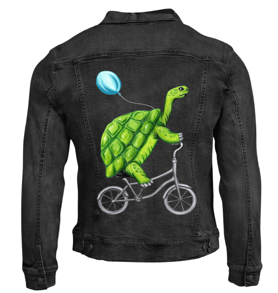 TURTLE RIDING A BICYCLE by Amélie Legault custom denim jacket by DenimINK
