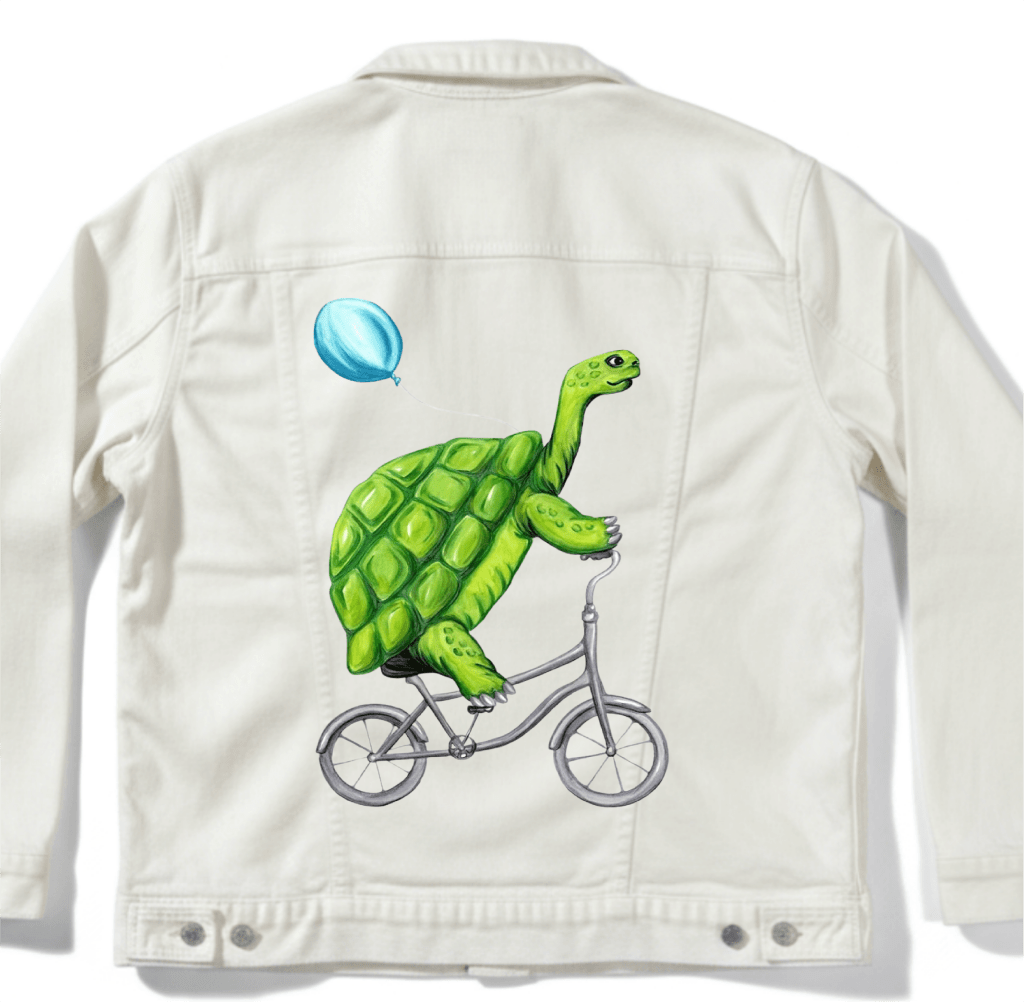 TURTLE RIDING A BICYCLE by Amélie Legault custom denim jacket by DenimINK