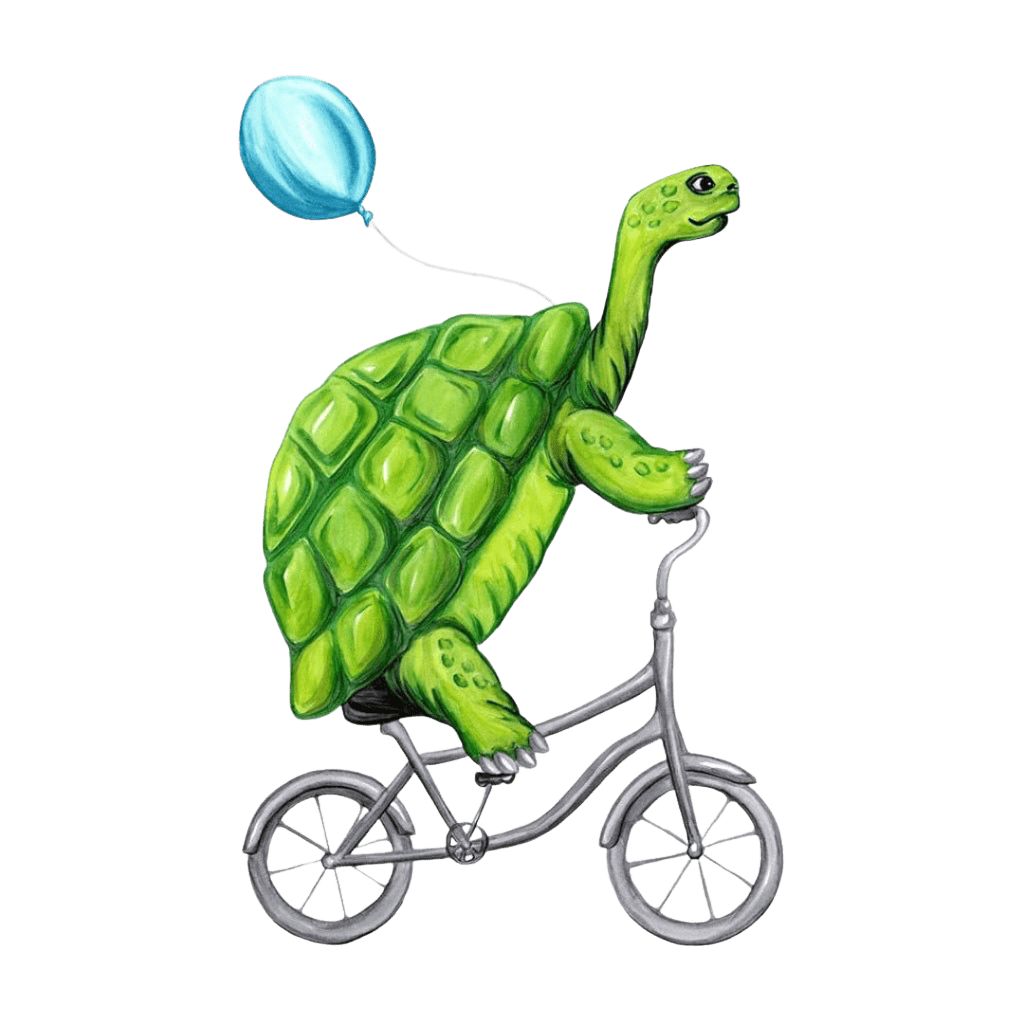 illustration of a bright green turtle riding a small gray bicycle, its long neck extended forward and one front foot resting on the handlebar. the turtle’s shell is patterned with rounded geometric plates shaded in layered green tones, and a light blue balloon floats behind it on a thin string. the background is white and open, emphasizing the figure and motion. this artwork is titled “Turtle Riding a Bicycle” and created by Amélie Legault