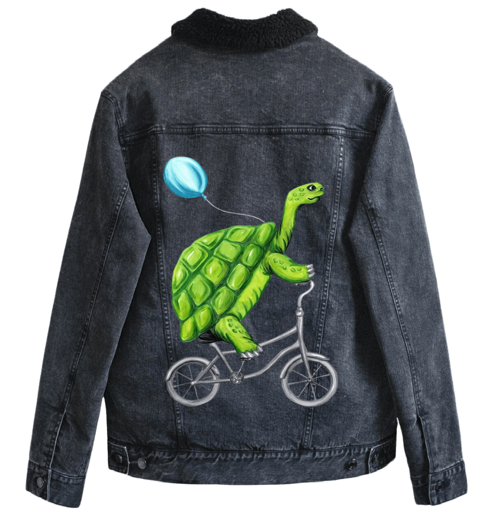 TURTLE RIDING A BICYCLE by Amélie Legault custom denim jacket by DenimINK