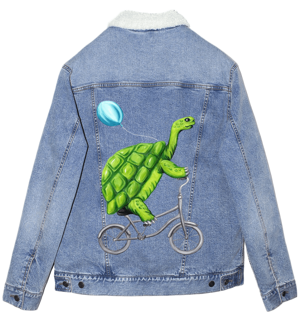 TURTLE RIDING A BICYCLE by Amélie Legault custom denim jacket by DenimINK