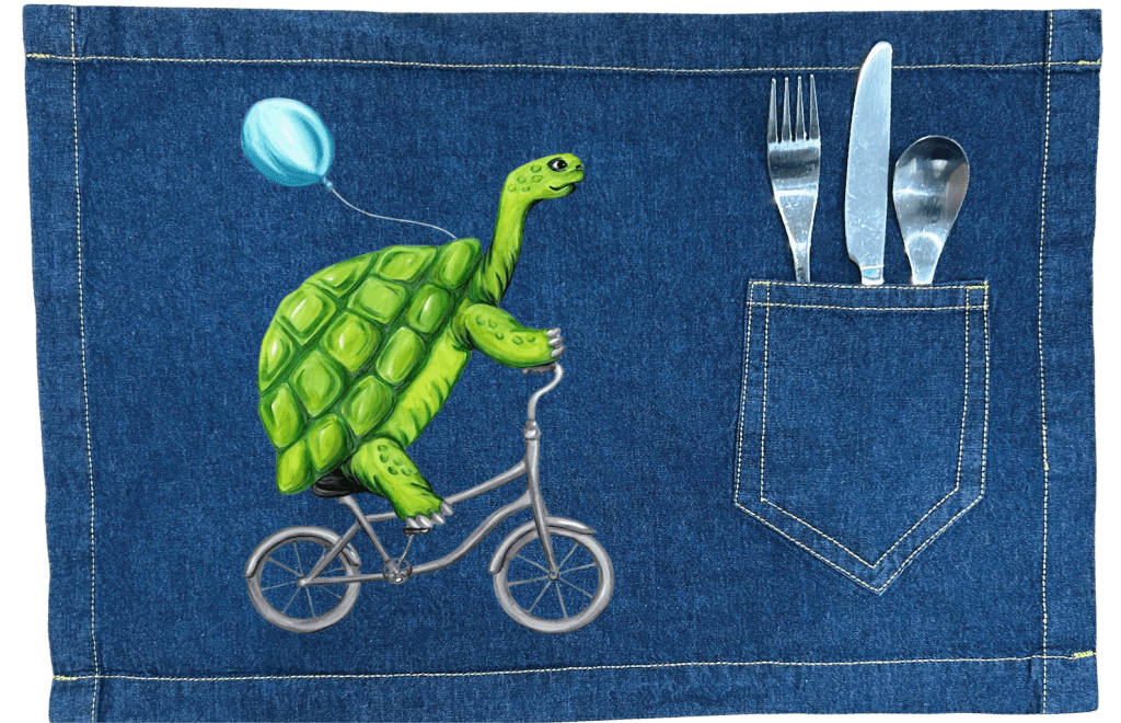 TURTLE RIDING A BICYCLE by Amélie Legault custom denim jacket by DenimINK