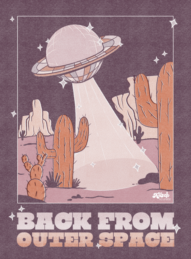 UFO SPACE PURPLE by KITSCH AND CURATE, printed on denim jackets and other denim products: tote bags, throw pillows, table place mats, aprons