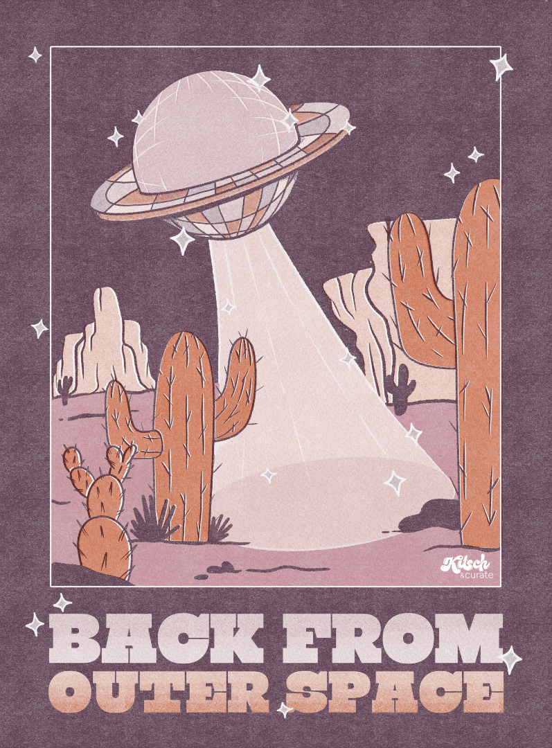 UFO SPACE PURPLE by KITSCH AND CURATE, printed on denim jackets and other denim products: tote bags, throw pillows, table place mats, aprons