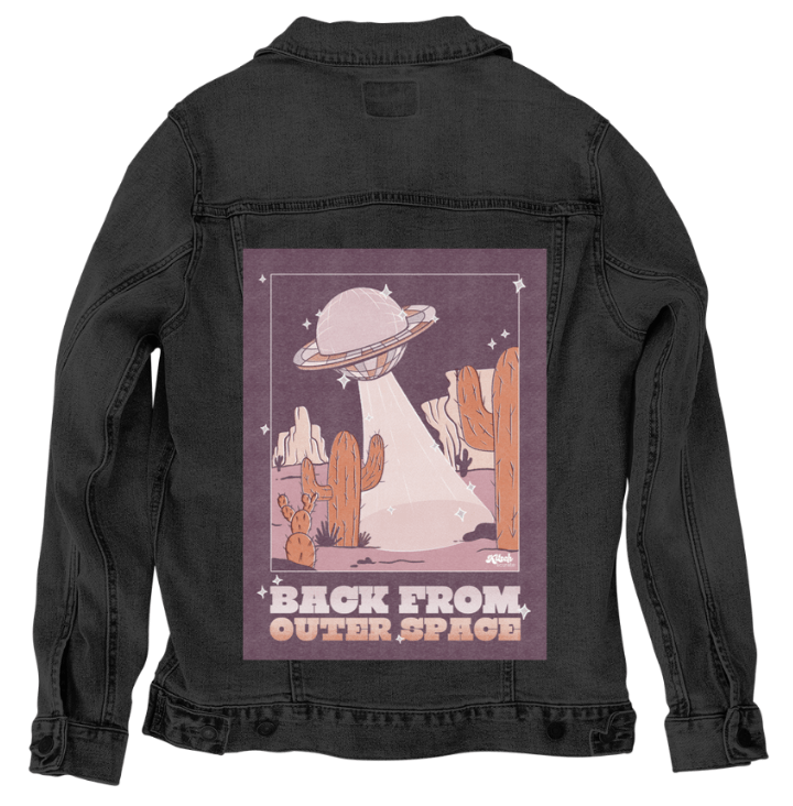 UFO SPACE PURPLE by KITSCH AND CURATE, printed on denim jackets and other denim products: tote bags, throw pillows, table place mats, aprons