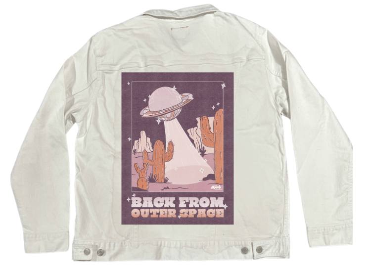 UFO SPACE PURPLE by KITSCH AND CURATE, printed on denim jackets and other denim products: tote bags, throw pillows, table place mats, aprons