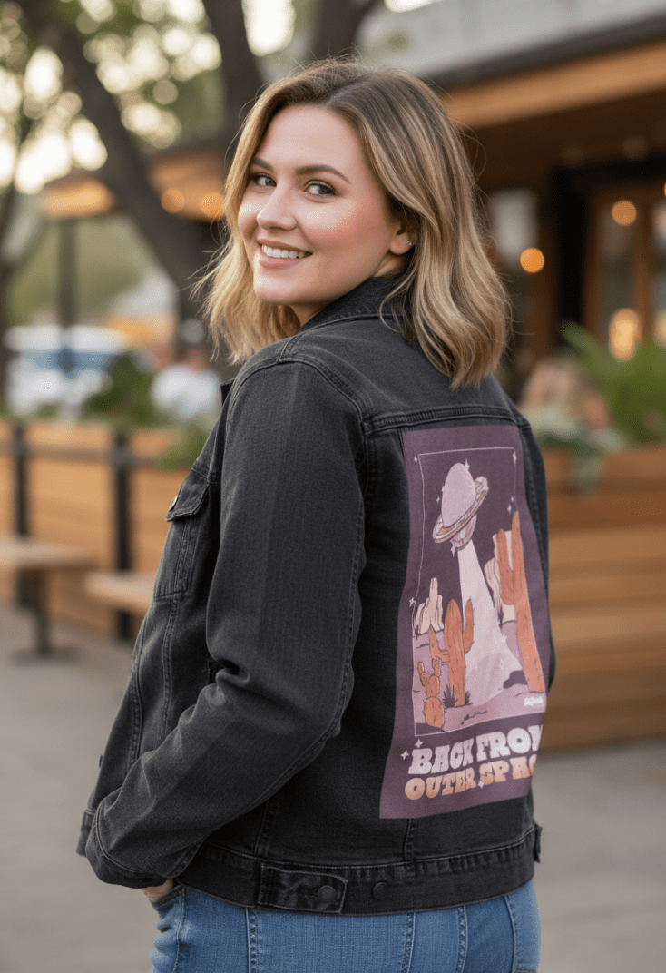 UFO SPACE PURPLE by KITSCH AND CURATE, printed on denim jackets and other denim products: tote bags, throw pillows, table place mats, aprons