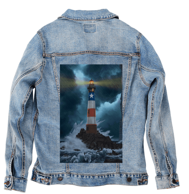 UNBREAKABLE USA by VINCENT HIE, printed on denim jackets and other denim products: tote bags, throw pillows, table place mats, aprons