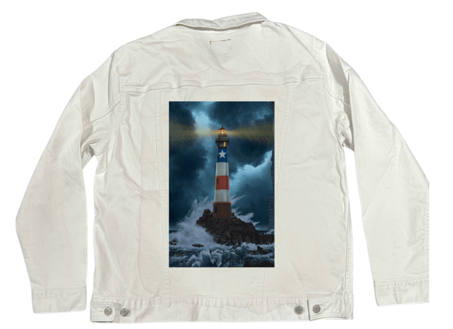 UNBREAKABLE USA by VINCENT HIE, printed on denim jackets and other denim products: tote bags, throw pillows, table place mats, aprons