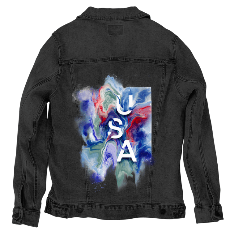 USA ABSTRACT by RaMir DESIGNS, printed on denim jackets and other denim products: tote bags, throw pillows, table place mats, aprons
