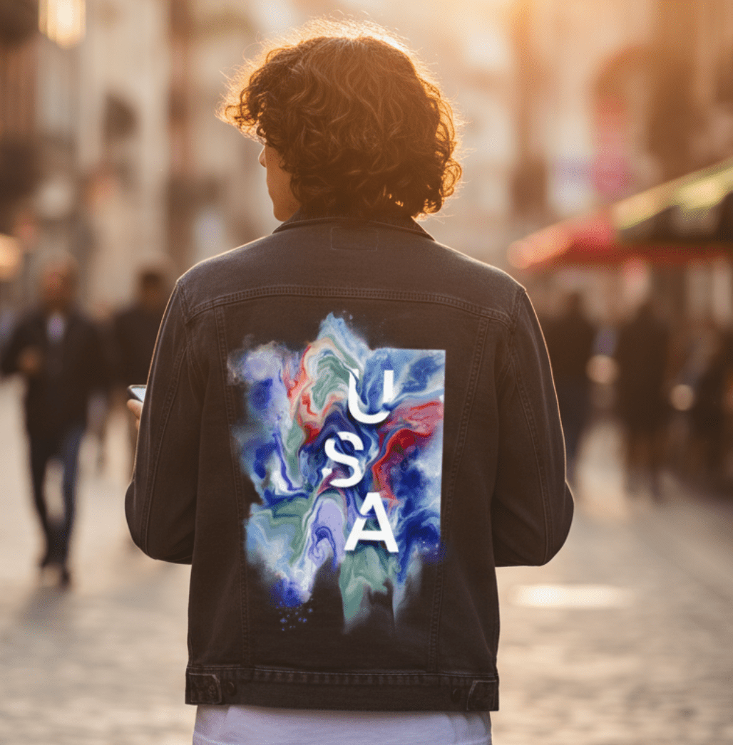 USA ABSTRACT by RaMir DESIGNS, printed on denim jackets and other denim products: tote bags, throw pillows, table place mats, aprons