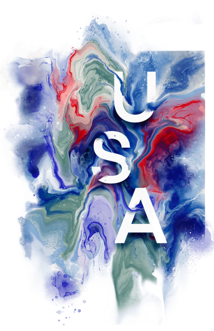 USA ABSTRACT by RaMir DESIGNS, printed on denim jackets and other denim products: tote bags, throw pillows, table place mats, aprons