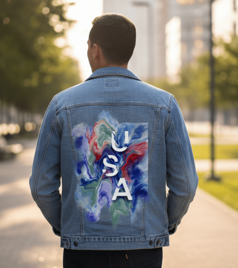 USA ABSTRACT by RaMir DESIGNS, printed on denim jackets and other denim products: tote bags, throw pillows, table place mats, aprons