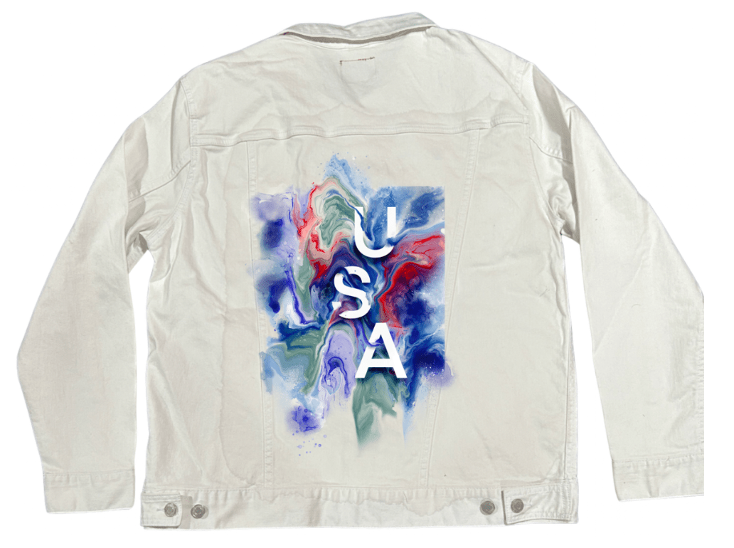 USA ABSTRACT by RaMir DESIGNS, printed on denim jackets and other denim products: tote bags, throw pillows, table place mats, aprons