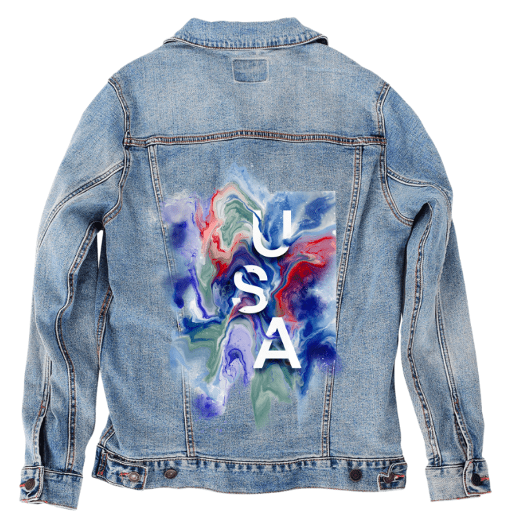 USA ABSTRACT by RaMir DESIGNS, printed on denim jackets and other denim products: tote bags, throw pillows, table place mats, aprons