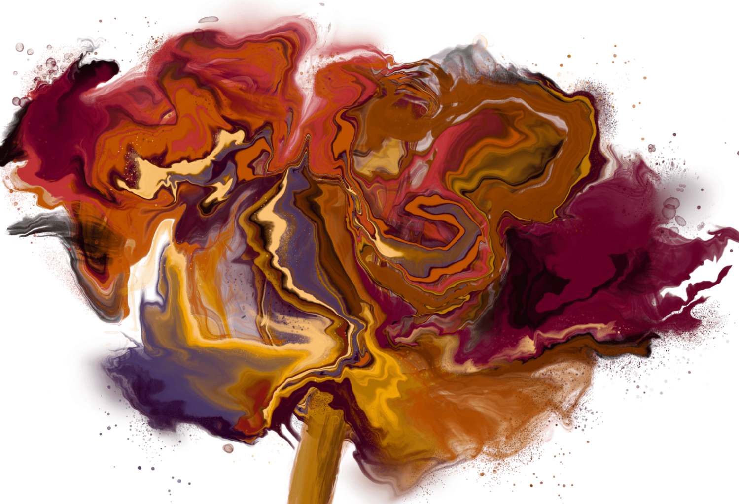 illustration of An abstract flower-like form created from swirling marbled paint in deep red, burgundy, magenta, mustard yellow, gold, amber, violet, and cream tones. Thick liquid curves radiate outward from a dense center, with layered striations, rippled edges, and scattered speckled pigment. The overall shape is organic and asymmetrical, floating against a black background with no visible stem or outlines. This artwork is titled “Vibrant Flower” and created by RaMir Designs