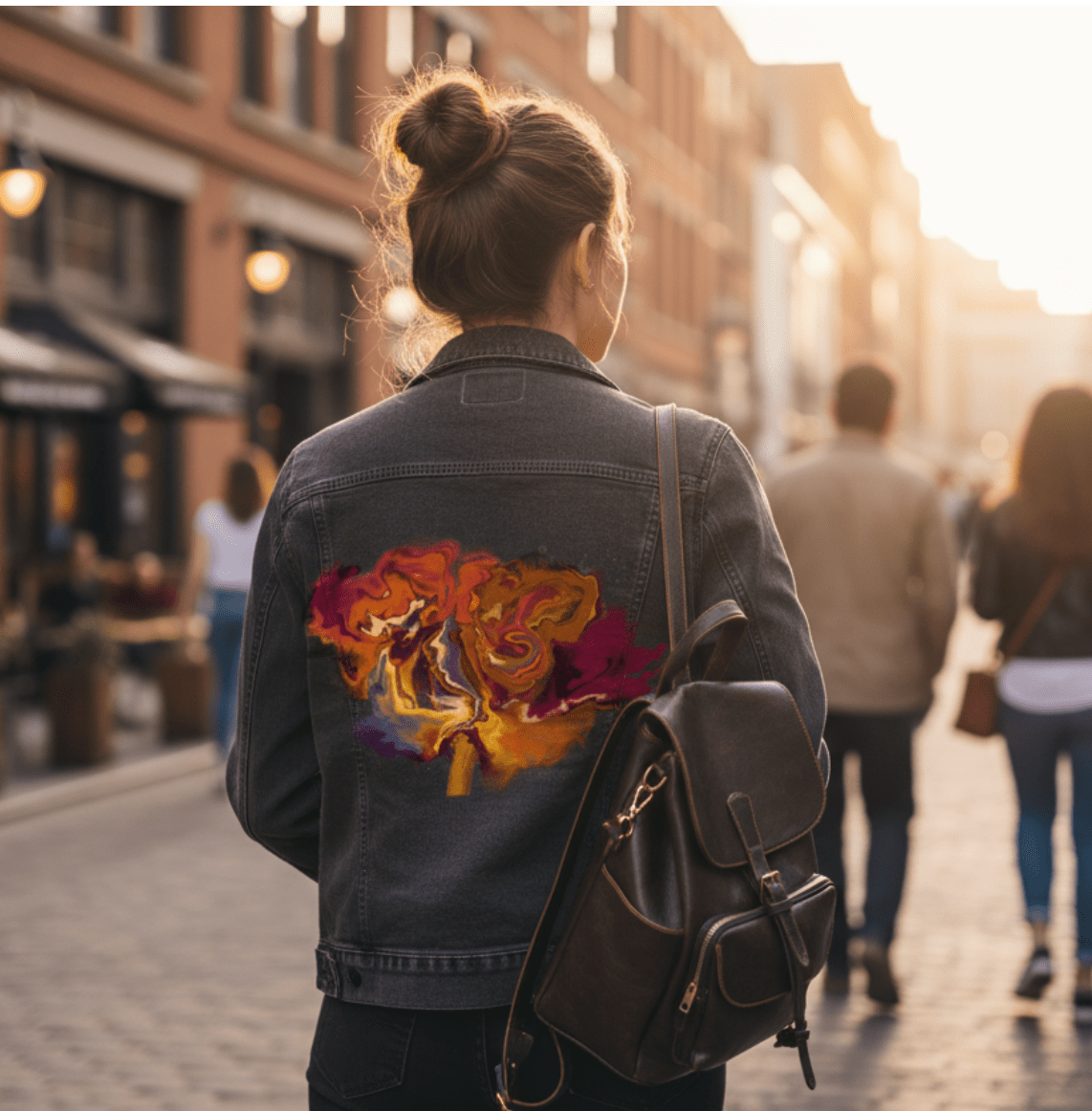 VIBRANT FLOWER by RaMir DESIGNS, printed on denim jackets and other denim products: tote bags, throw pillows, table place mats, aprons