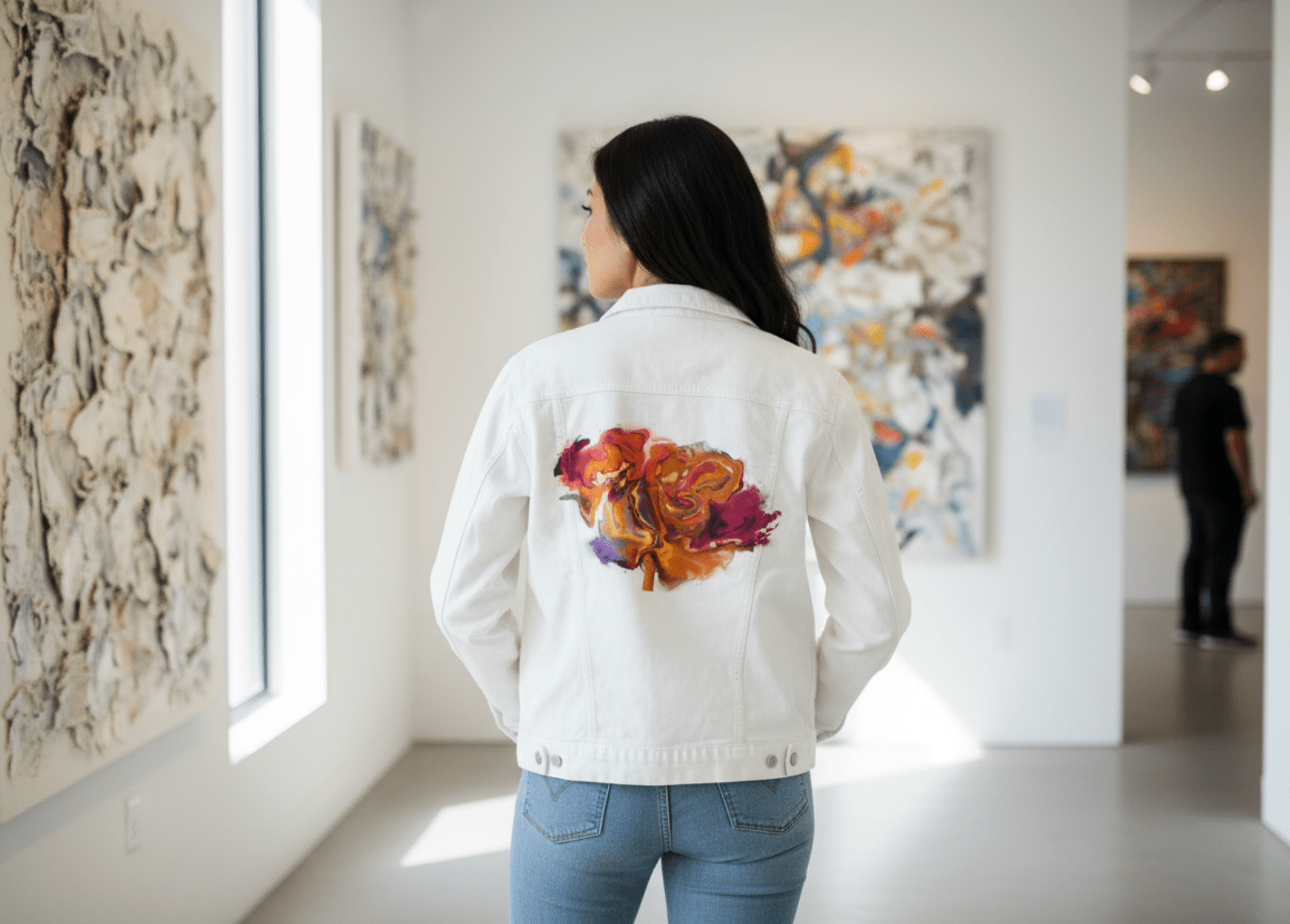 VIBRANT FLOWER by RaMir DESIGNS, printed on denim jackets and other denim products: tote bags, throw pillows, table place mats, aprons