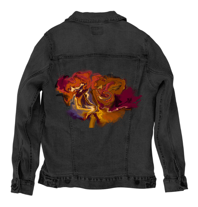 VIBRANT FLOWER by RaMir DESIGNS, printed on denim jackets and other denim products: tote bags, throw pillows, table place mats, aprons