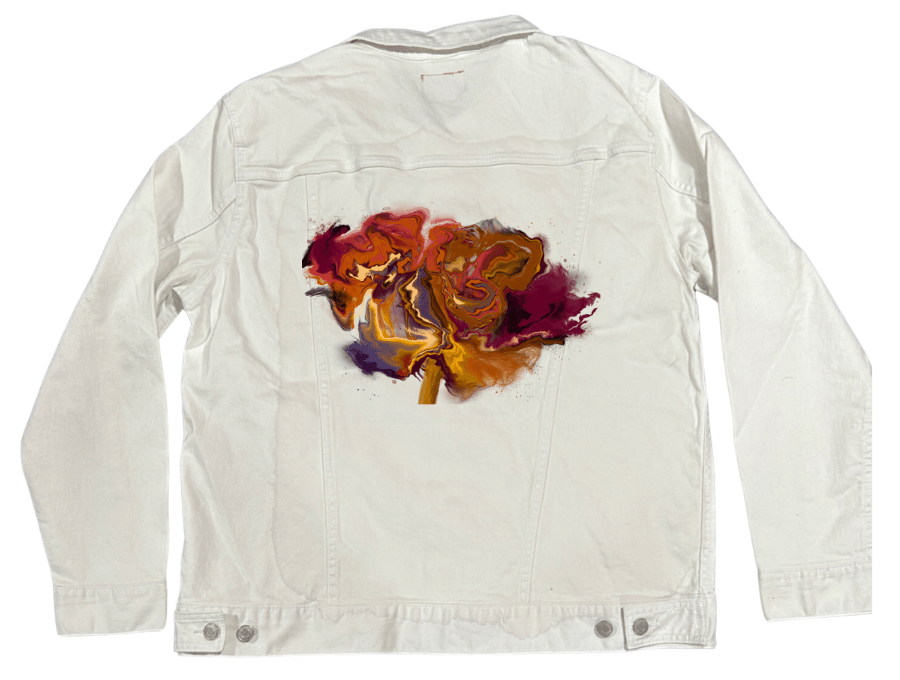 VIBRANT FLOWER by RaMir DESIGNS, printed on denim jackets and other denim products: tote bags, throw pillows, table place mats, aprons