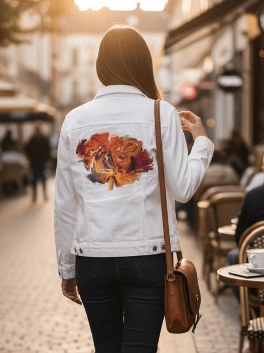 VIBRANT FLOWER by RaMir DESIGNS, printed on denim jackets and other denim products: tote bags, throw pillows, table place mats, aprons