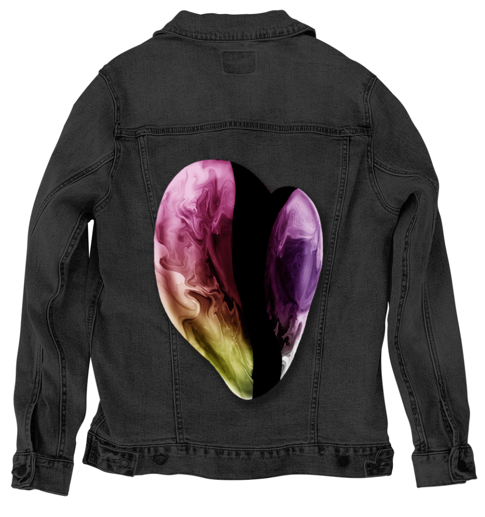 VIBRANT HEART by RaMir DESIGNS,printed by DenimINK on hand-crafted Denim Jackets and other denim products and other denim products: tote bags, throw pillows, table place mats, aprons