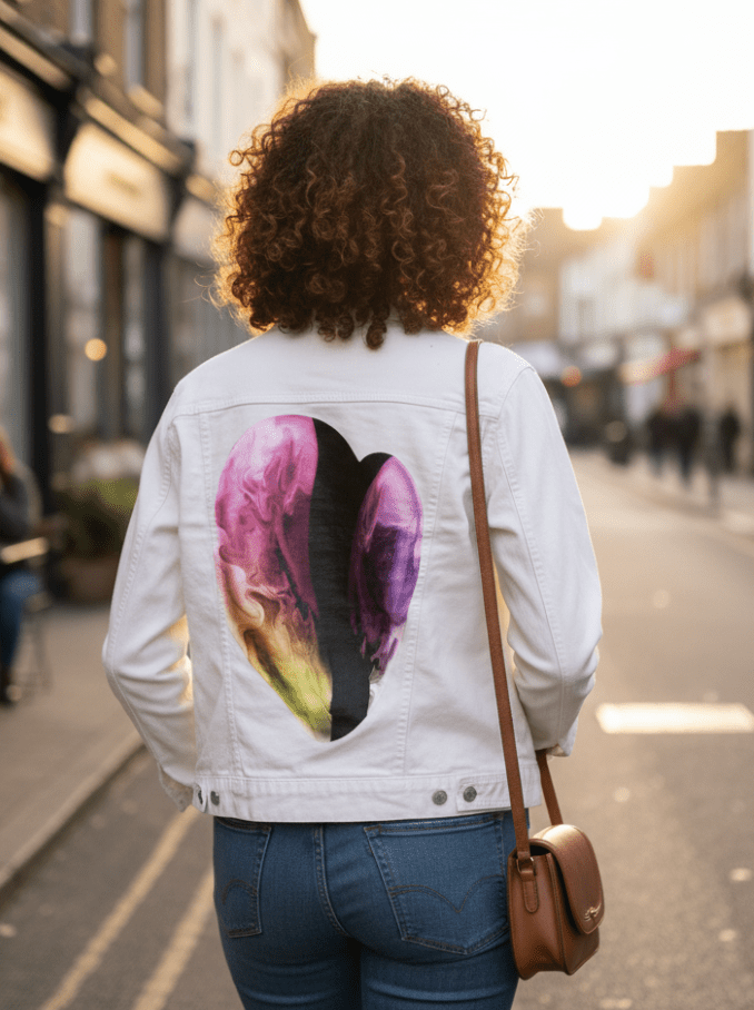 VIBRANT HEART by RaMir DESIGNS,printed by DenimINK on hand-crafted Denim Jackets and other denim products and other denim products: tote bags, throw pillows, table place mats, aprons