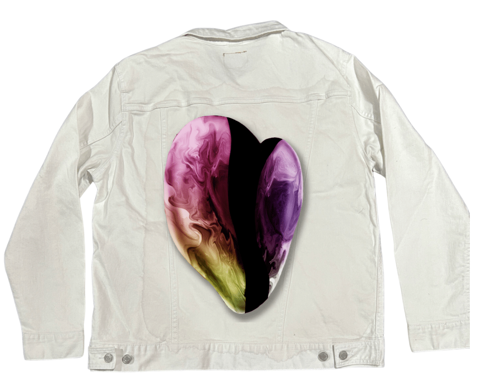 VIBRANT HEART by RaMir DESIGNS,printed by DenimINK on hand-crafted Denim Jackets and other denim products and other denim products: tote bags, throw pillows, table place mats, aprons