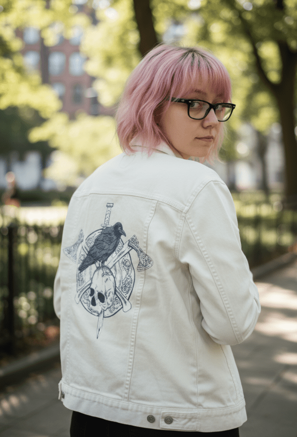 VIKINGS SHIELD by JESS ADAMS, digitally printed on DENIM products: throw pillows, aprons, table place mats, and hand-crafted Unisex Denim Jackets in 3 color choices