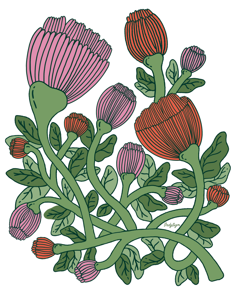 VINEBOUND BLOOMS by IndySign, printed on denim jackets and other denim products: tote bags, throw pillows, table place mats, aprons