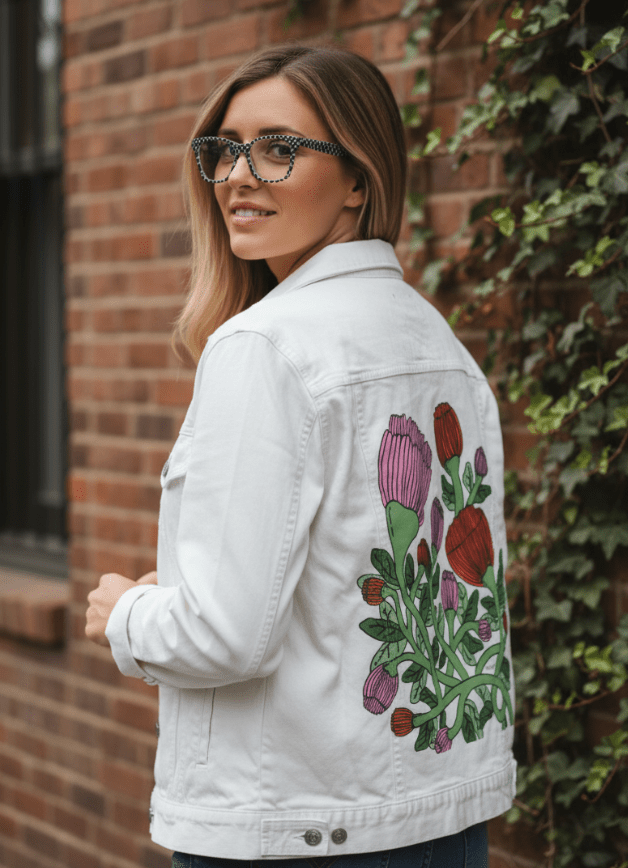 VINEBOUND BLOOMS by IndySign, printed on denim jackets and other denim products: tote bags, throw pillows, table place mats, aprons