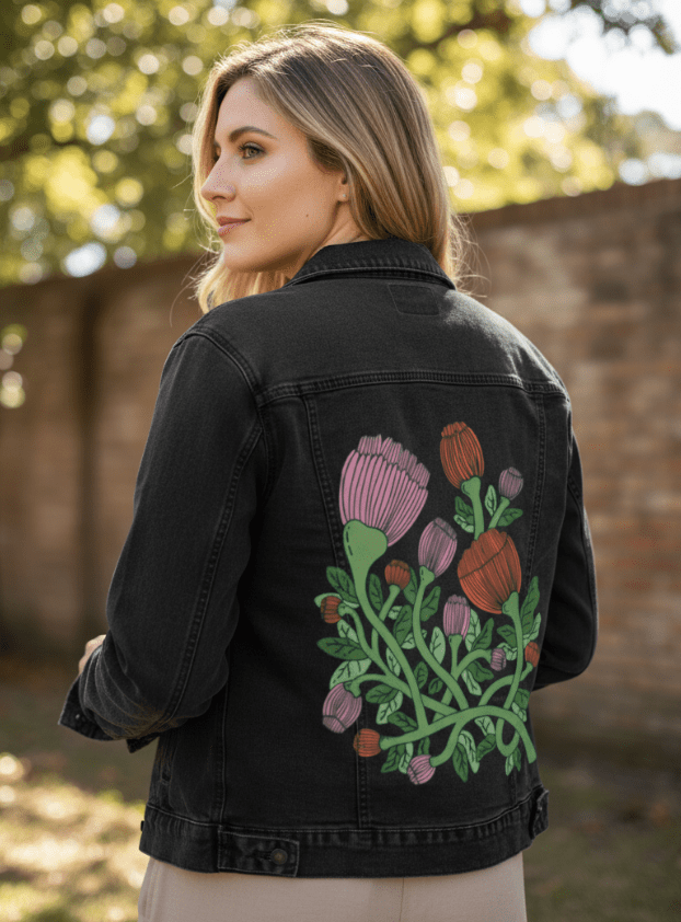 VINEBOUND BLOOMS by IndySign, printed on denim jackets and other denim products: tote bags, throw pillows, table place mats, aprons