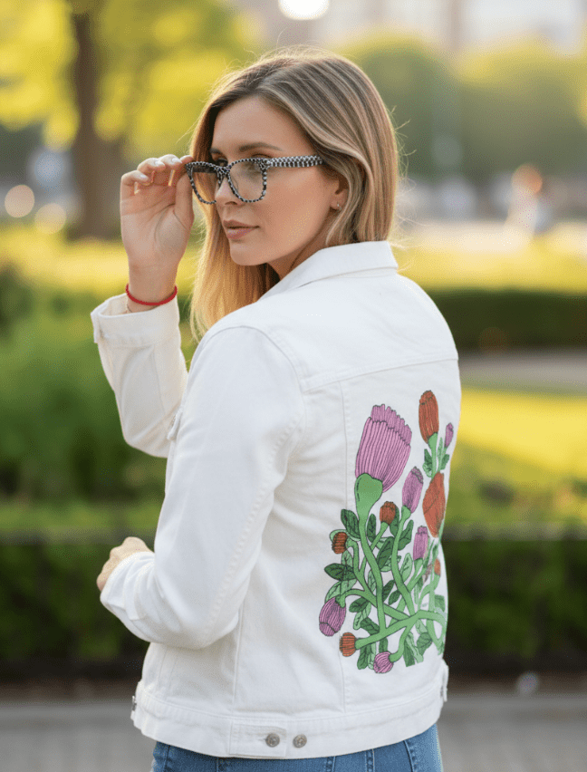 VINEBOUND BLOOMS by IndySign, printed on denim jackets and other denim products: tote bags, throw pillows, table place mats, aprons