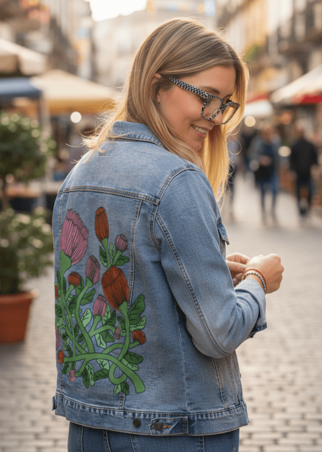 VINEBOUND BLOOMS by IndySign, printed on denim jackets and other denim products: tote bags, throw pillows, table place mats, aprons
