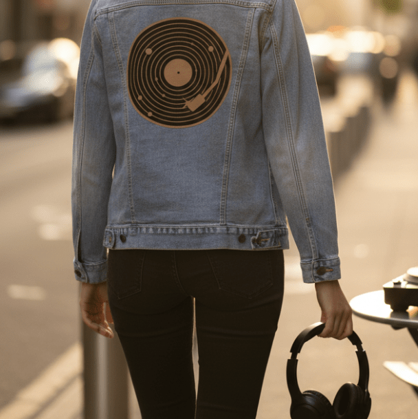 VINYL SYSTEM by GRANT SHEPLEY, digitally printed on DENIM products: throw pillows, aprons, table place mats, and hand-crafted Unisex Denim Jackets in 3 color choices