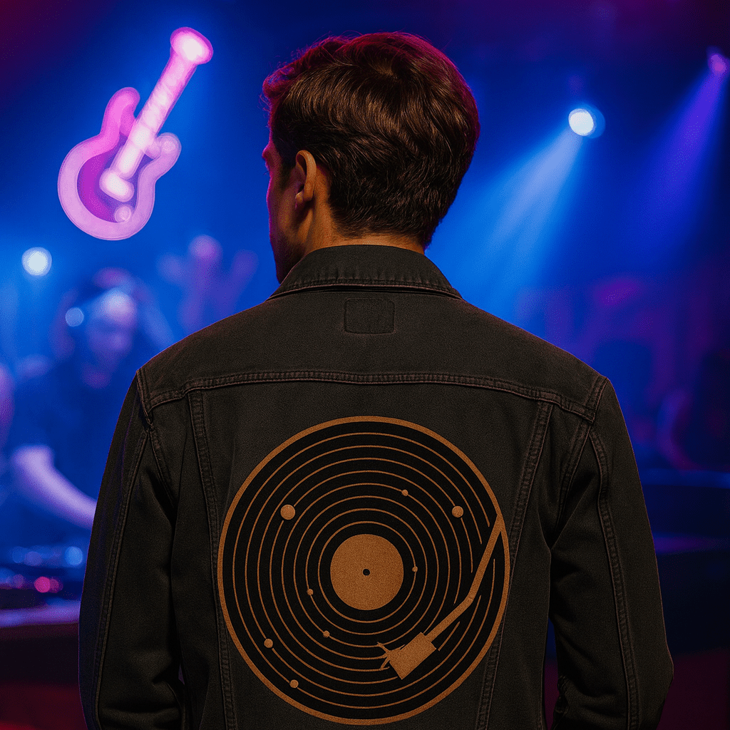 VINYL SYSTEM by GRANT SHEPLEY, digitally printed on DENIM products: throw pillows, aprons, table place mats, and hand-crafted Unisex Denim Jackets in 3 color choices